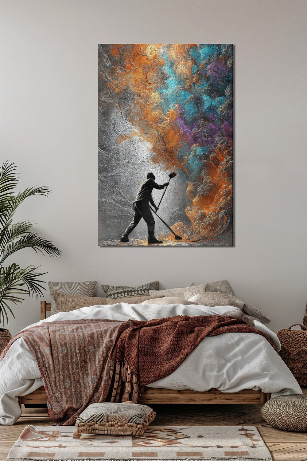 Soyut Sanat Baskılı Cam Tablo – Renkli Fırça Efektli Modern Duvar Dekoru