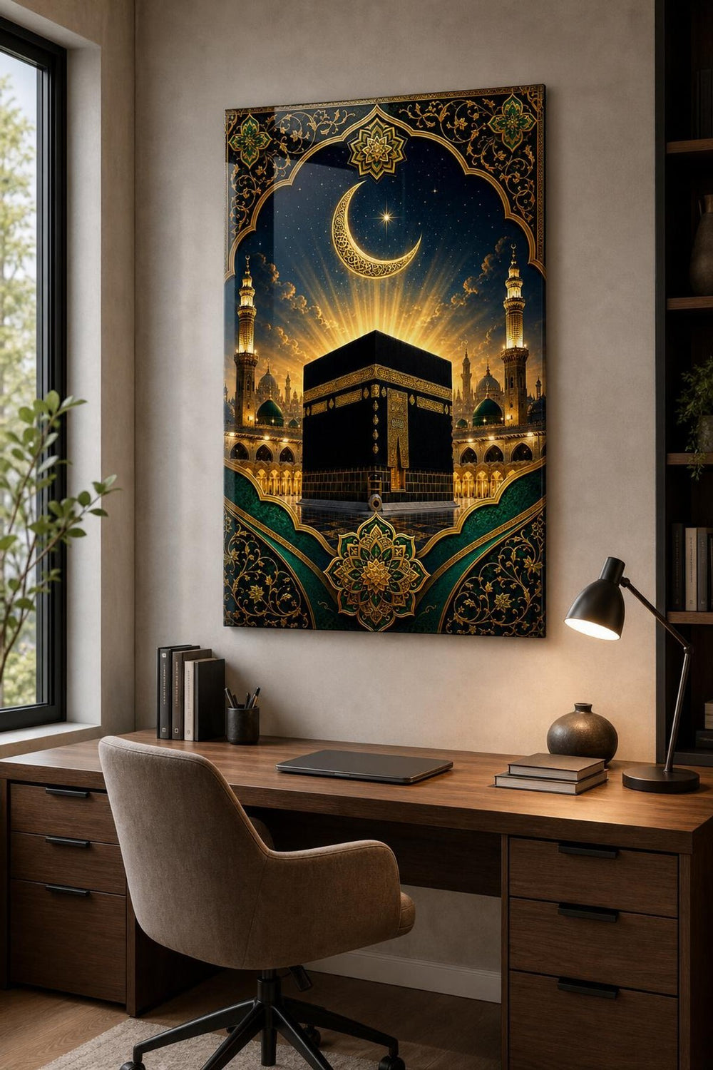 Kabe Hilal ve Altın Işık Baskılı Cam Tablo – Manevi Dini UV Baskı Dekoratif Duvar Tablosu