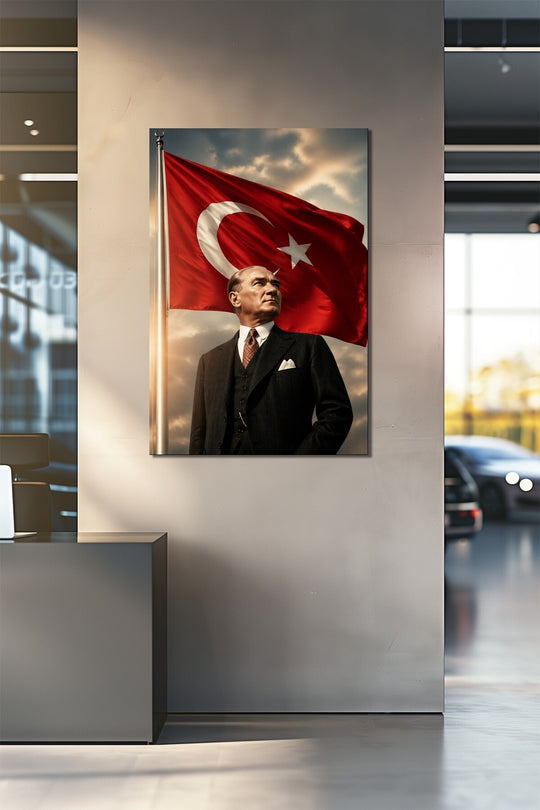 Atatürk Türk Bayrağı Baskılı Cam Tablo – Milli Temalı Prestij UV Baskı Duvar Dekoru