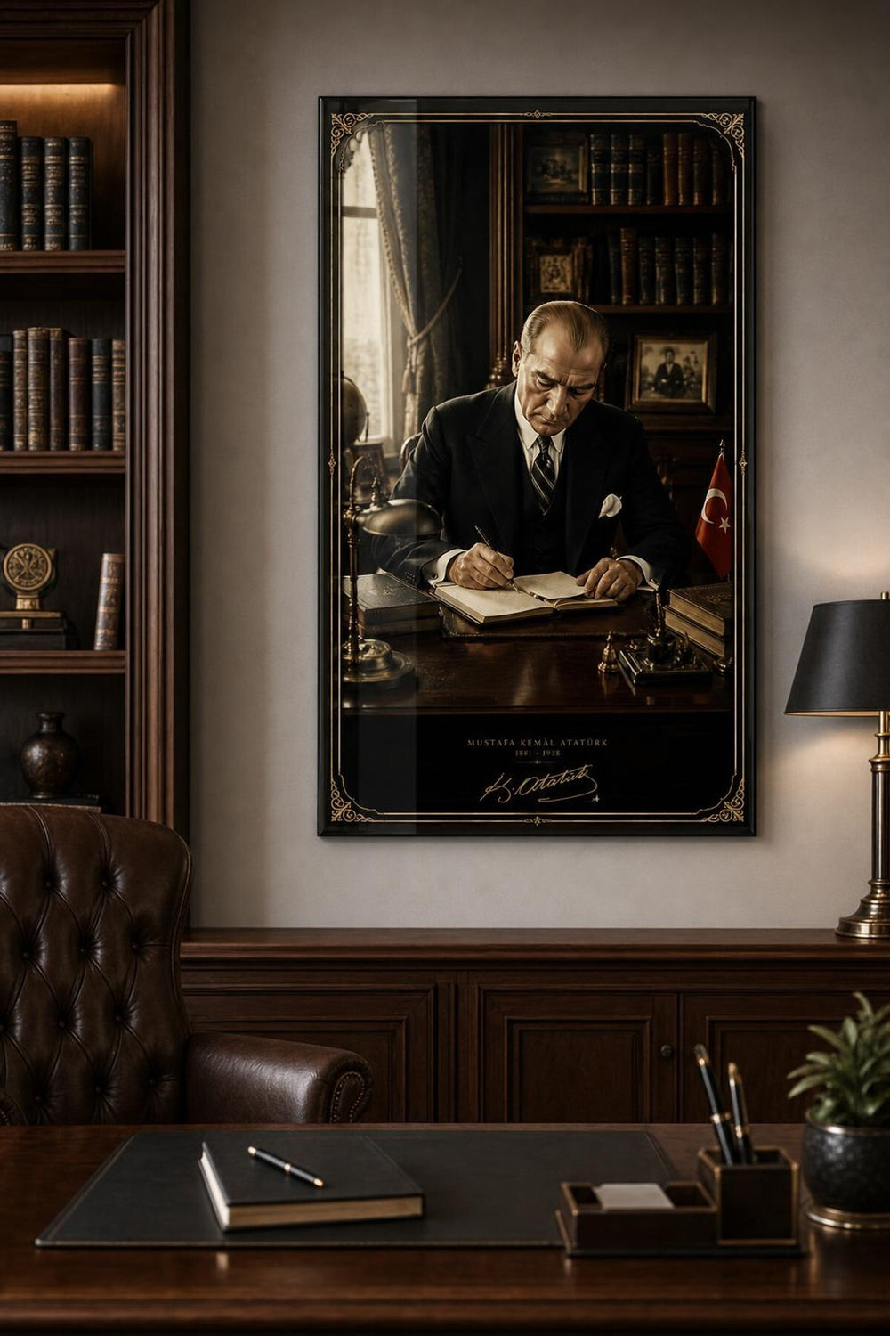 Atatürk Çalışma Masasında Baskılı Cam Tablo – Türk Bayraklı UV Baskı Dekoratif Duvar Tablosu