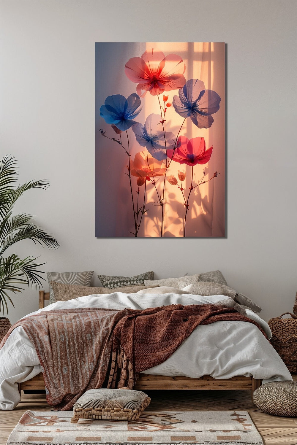 Çiçek Baskılı Cam Tablo – Gün Işığı Efektli Renkli Floral Dekoratif Duvar Tablosu