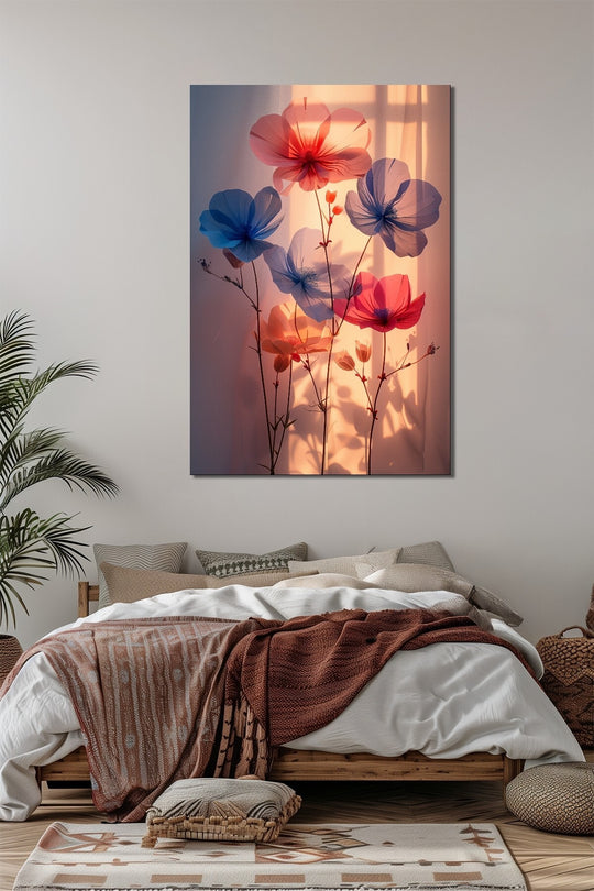Çiçek Baskılı Cam Tablo – Gün Işığı Efektli Renkli Floral Dekoratif Duvar Tablosu