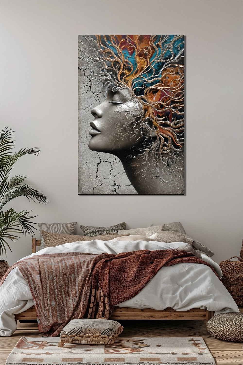 Kadın Portre Baskılı Cam Tablo – Soyut Ağaç Formlu Modern Sanat Duvar Dekoru