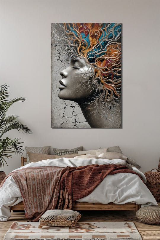 Kadın Portre Baskılı Cam Tablo – Soyut Ağaç Formlu Modern Sanat Duvar Dekoru