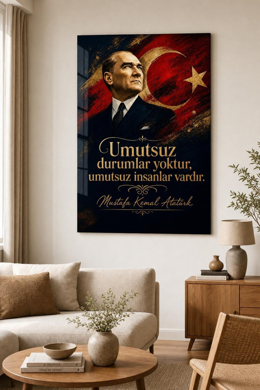 Atatürk ve Türk Bayrağı Baskılı Cam Tablo – İlham Verici Sözlü Duvar Dekoru