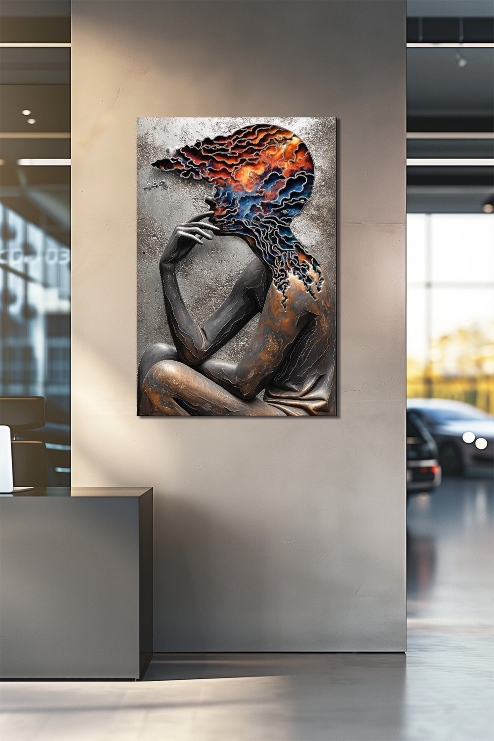 Soyut Zihin ve Renk Patlaması Baskılı Cam Tablo – Modern Düşünsel Sanat UV Baskı Dekor