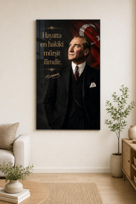 Atatürk ve Türk Bayrağı Baskılı Cam Tablo – Sözlü UV Baskı Dekoratif Duvar Tablosu