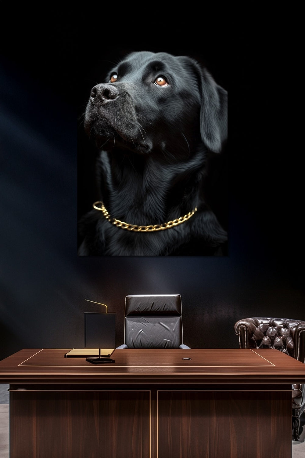 Siyah Köpek Baskılı Cam Tablo – Gold Zincir Detaylı Modern ve Şık Duvar Dekoru