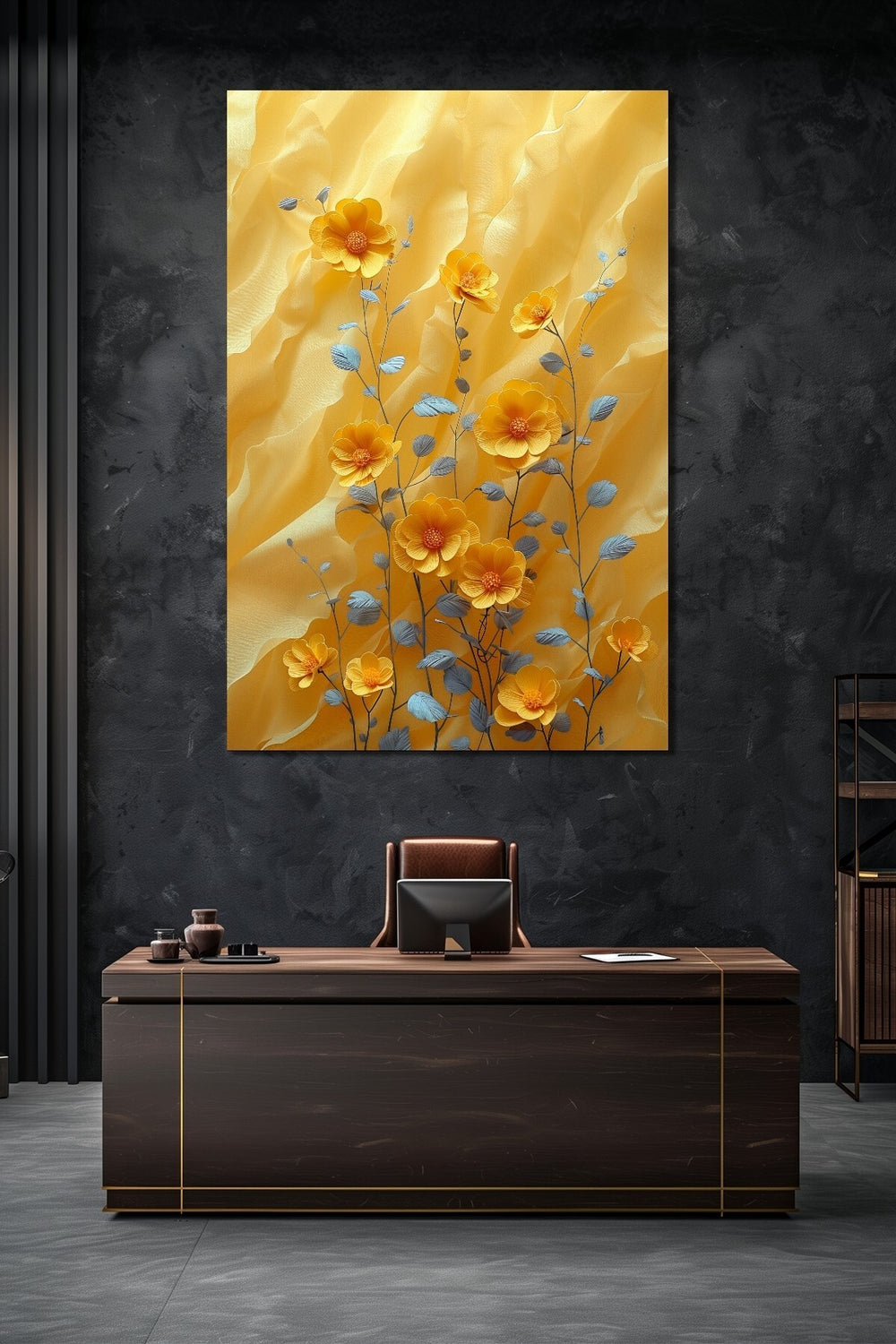 Sarı Çiçek Baskılı Cam Tablo – Modern Floral Desenli Dekoratif Duvar Tablosu