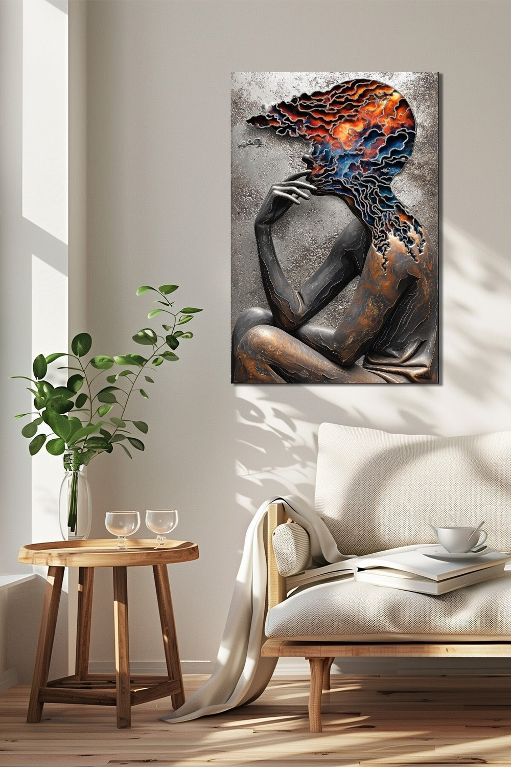 Soyut Zihin ve Renk Patlaması Baskılı Cam Tablo – Modern Düşünsel Sanat UV Baskı Dekor