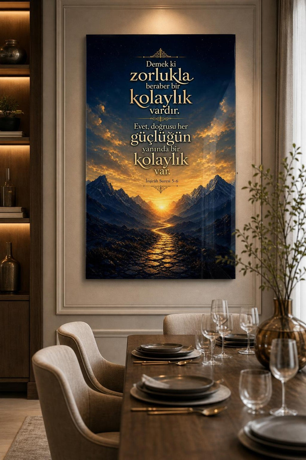 İnşirah Suresi Baskılı Cam Tablo – Manevi Sözlü UV Baskı Duvar Tablosu