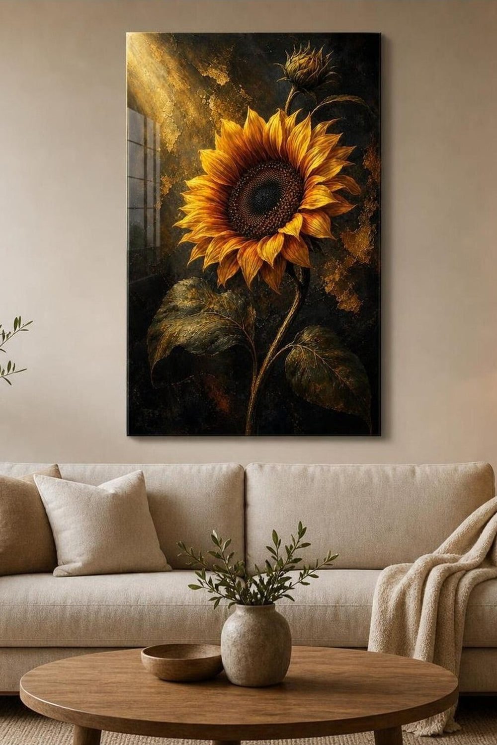 Ayçiçeği Desenli Baskılı Cam Tablo – Gold Detaylı Dekoratif Duvar Tablosu — görsel 2
