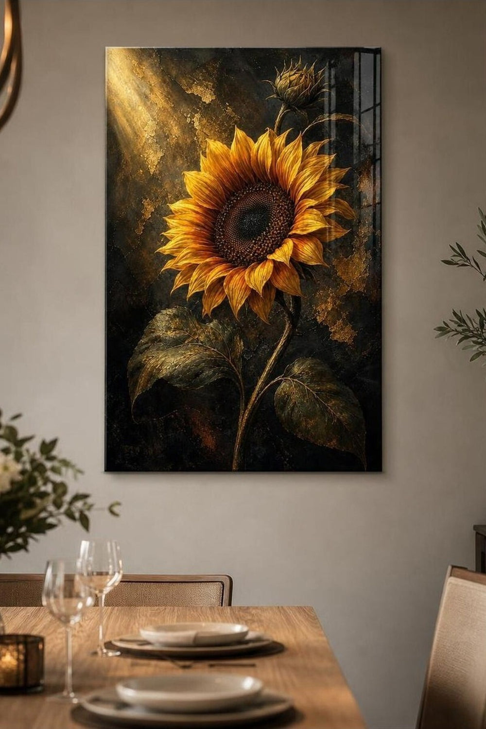 Ayçiçeği Desenli Baskılı Cam Tablo – Gold Detaylı Dekoratif Duvar Tablosu — görsel 5