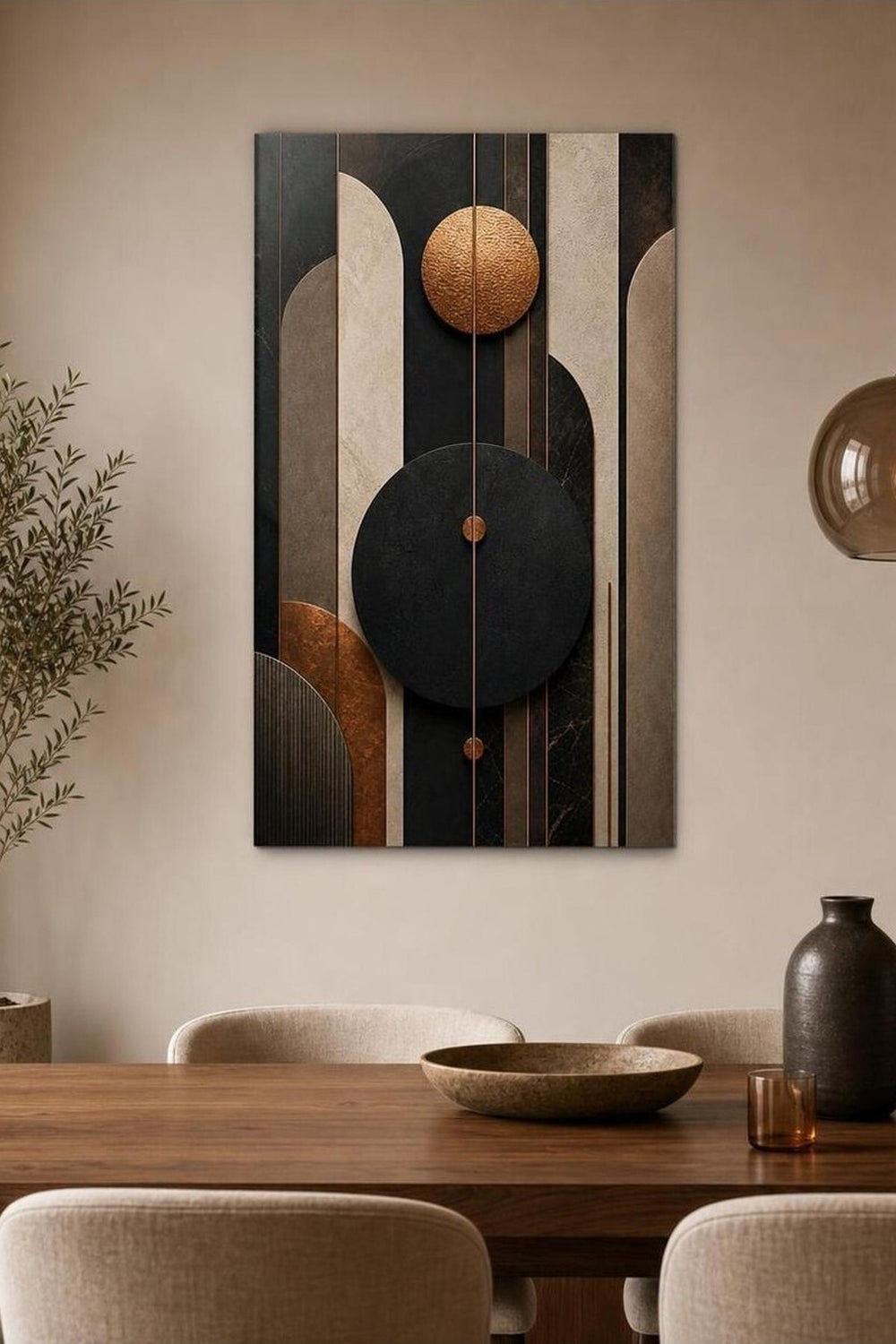 Soyut Geometrik Baskılı Cam Tablo – Bakır Detaylı Modern Duvar Dekoru — görsel 4