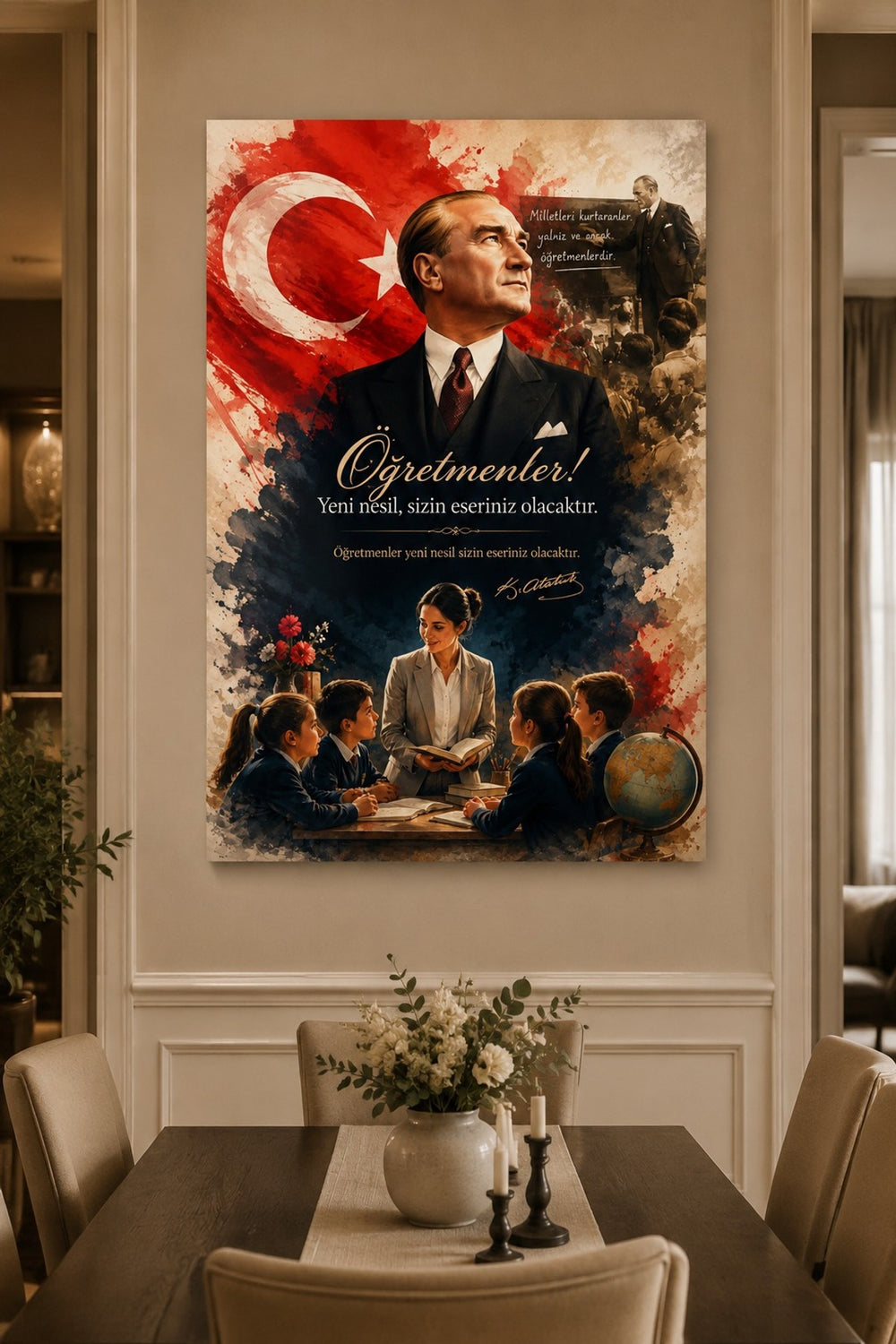 Atatürk ve Öğretmen Temalı Baskılı Cam Tablo – UV Baskı Dekoratif Duvar Tablosu — görsel 2