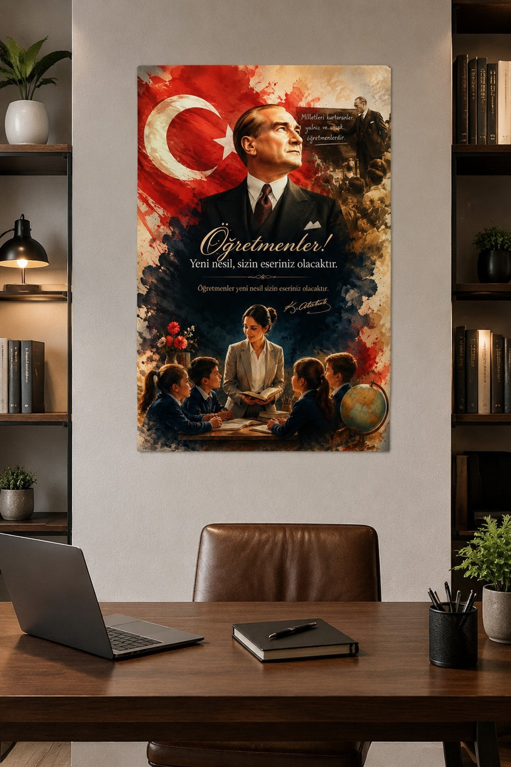 Atatürk ve Öğretmen Temalı Baskılı Cam Tablo – UV Baskı Dekoratif Duvar Tablosu — görsel 1