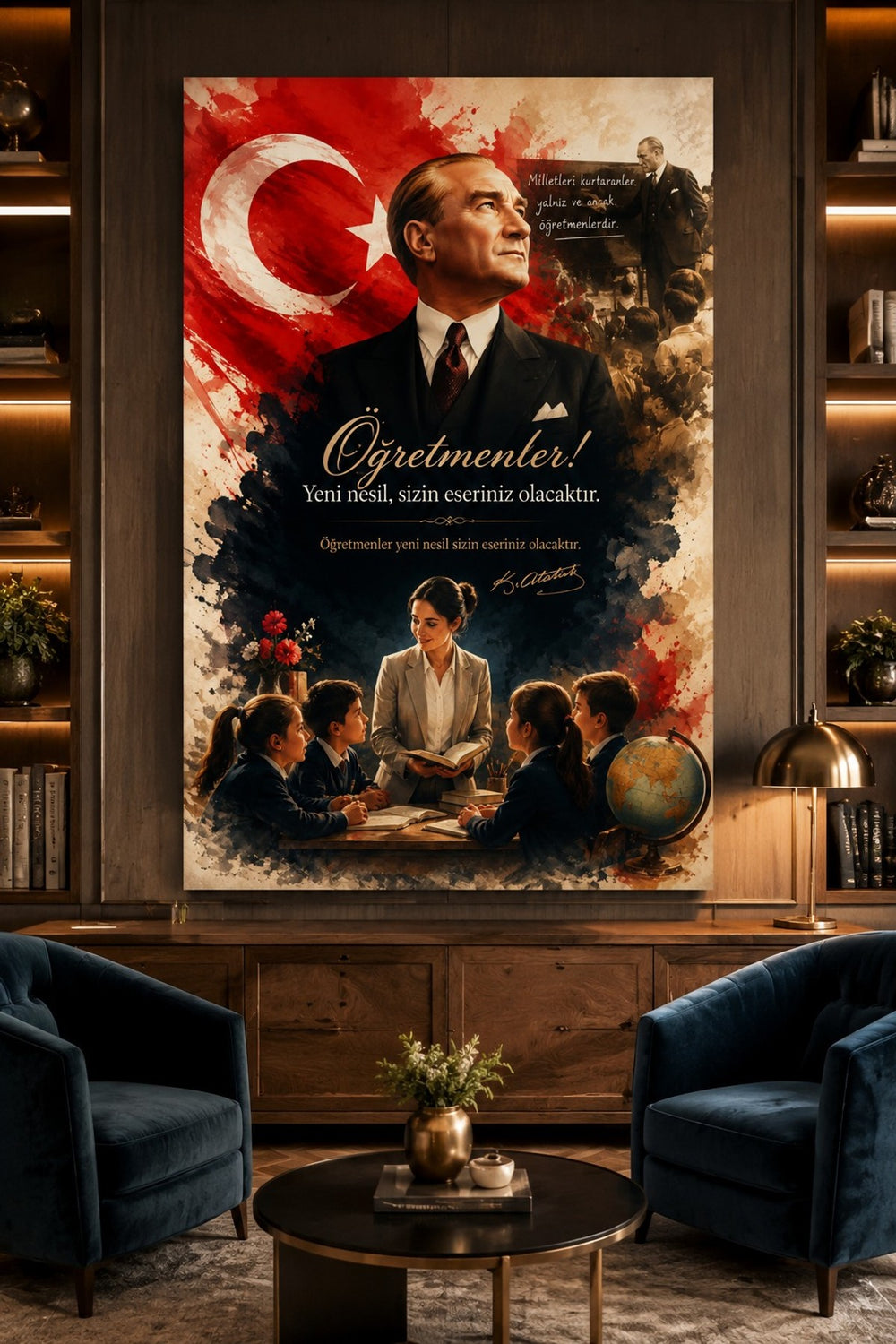 Atatürk ve Öğretmen Temalı Baskılı Cam Tablo – UV Baskı Dekoratif Duvar Tablosu — görsel 4