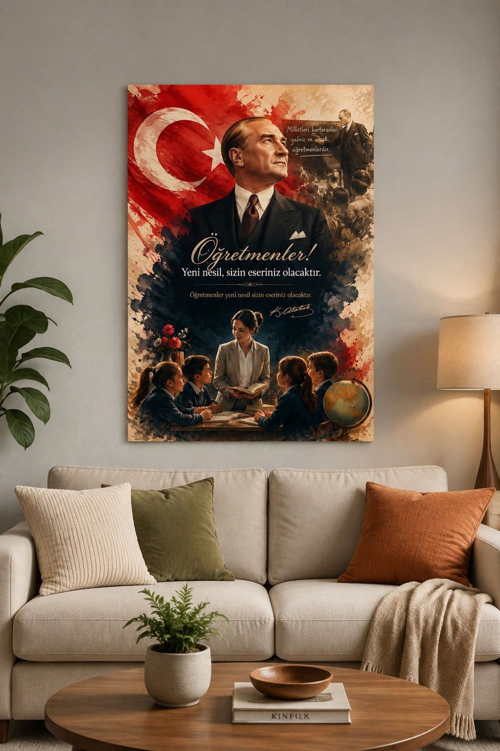 Atatürk ve Öğretmen Temalı Baskılı Cam Tablo – UV Baskı Dekoratif Duvar Tablosu — görsel 3