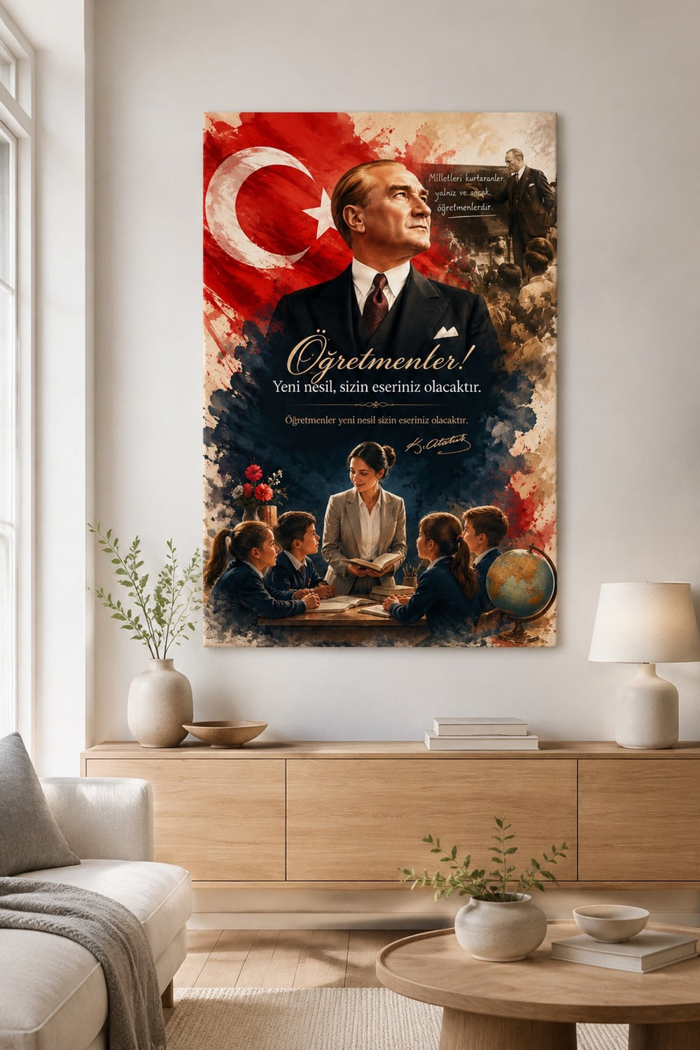 Atatürk ve Öğretmen Temalı Baskılı Cam Tablo – UV Baskı Dekoratif Duvar Tablosu — görsel 5