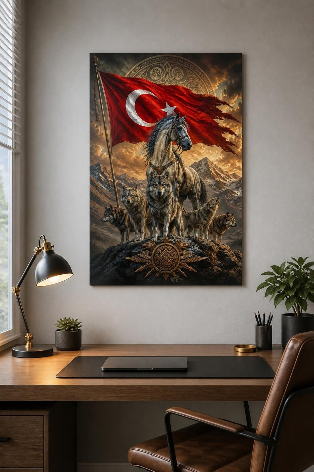 Türk Bayrağı Kurt ve At Figürlü Baskılı Cam Tablo – Türk Motifli Duvar Dekoru — görsel 1