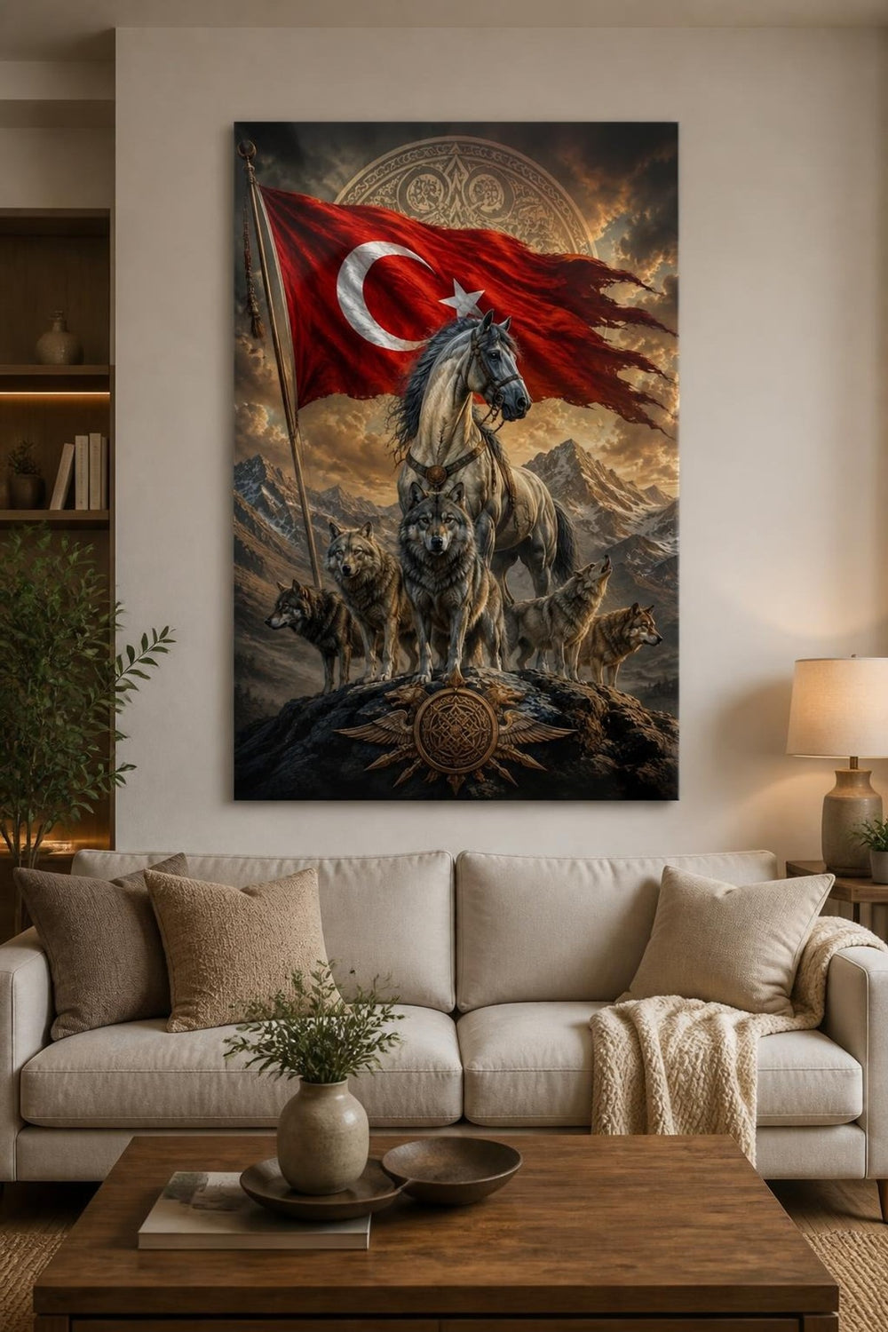 Türk Bayrağı Kurt ve At Figürlü Baskılı Cam Tablo – Türk Motifli Duvar Dekoru — görsel 2