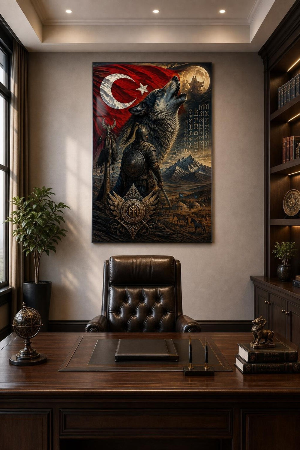 Türk Motifi Kurt ve Bozkurt Temalı Baskılı Cam Tablo – UV Baskı Dekoratif Duvar Tablosu — görsel 3