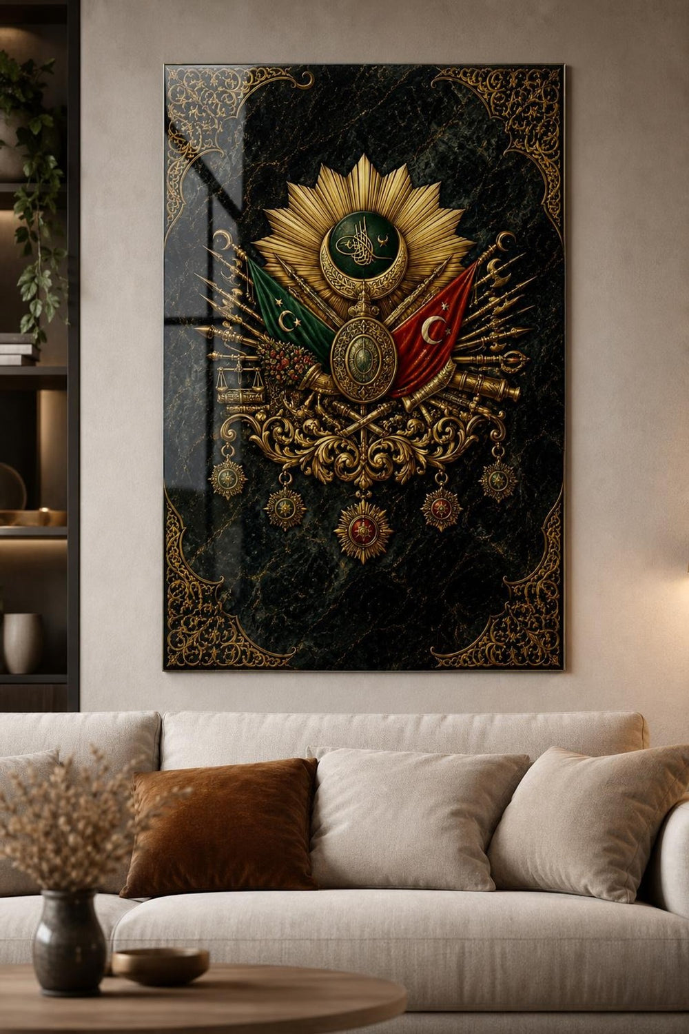 Osmanlı Motifli Baskılı Cam Tablo – Altın Varaklı Dekoratif Duvar Tablosu — görsel 1