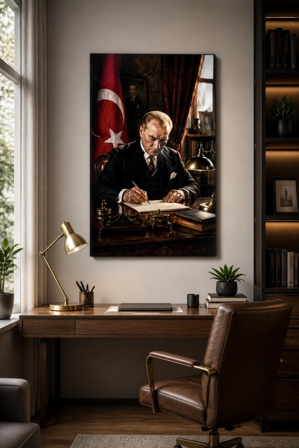 Atatürk Çalışma Masasında Baskılı Cam Tablo – UV Baskı Dekoratif Duvar Tablosu — görsel 1