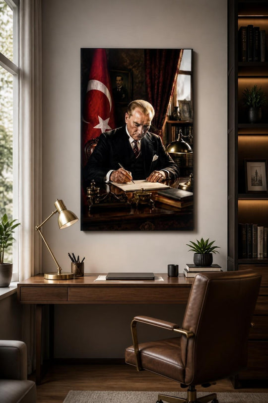 Atatürk Çalışma Masasında Baskılı Cam Tablo – UV Baskı Dekoratif Duvar Tablosu — görsel 1