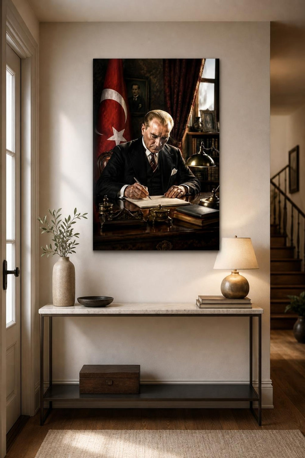 Atatürk Çalışma Masasında Baskılı Cam Tablo – UV Baskı Dekoratif Duvar Tablosu — görsel 5