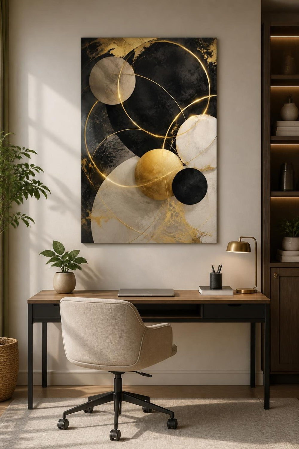 Siyah Altın Geometrik Baskılı Cam Tablo – Modern Dekoratif Duvar Sanatı — görsel 2