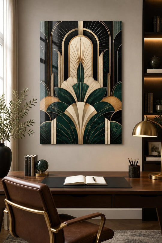 Art Deco Desenli Baskılı Cam Tablo – Geometrik Lüks Duvar Dekoru — görsel 1