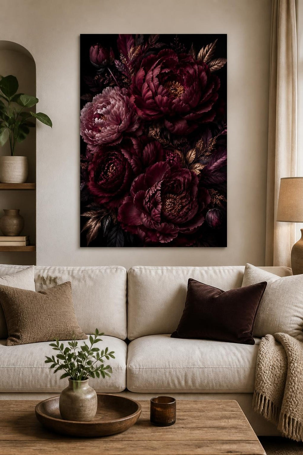 Bordo Şakayık Çiçekli Baskılı Cam Tablo – Premium Dekoratif Duvar Tablosu — görsel 2