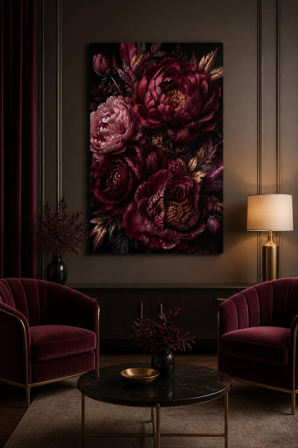 Bordo Şakayık Çiçekli Baskılı Cam Tablo – Premium Dekoratif Duvar Tablosu — görsel 5