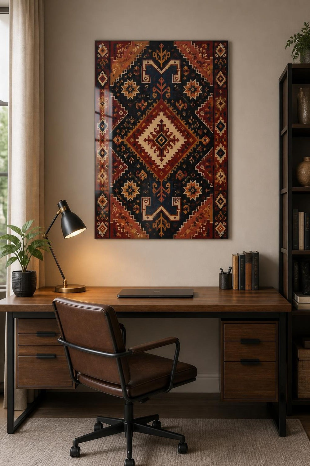 Anadolu Kilim Desenli Baskılı Cam Tablo – Geometrik Duvar Dekoru — görsel 1