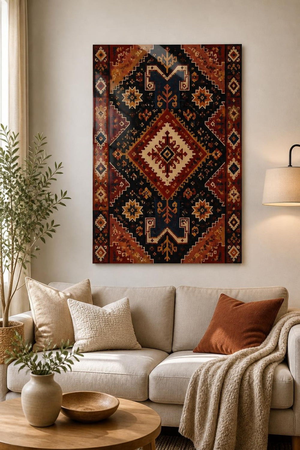 Anadolu Kilim Desenli Baskılı Cam Tablo – Geometrik Duvar Dekoru — görsel 2