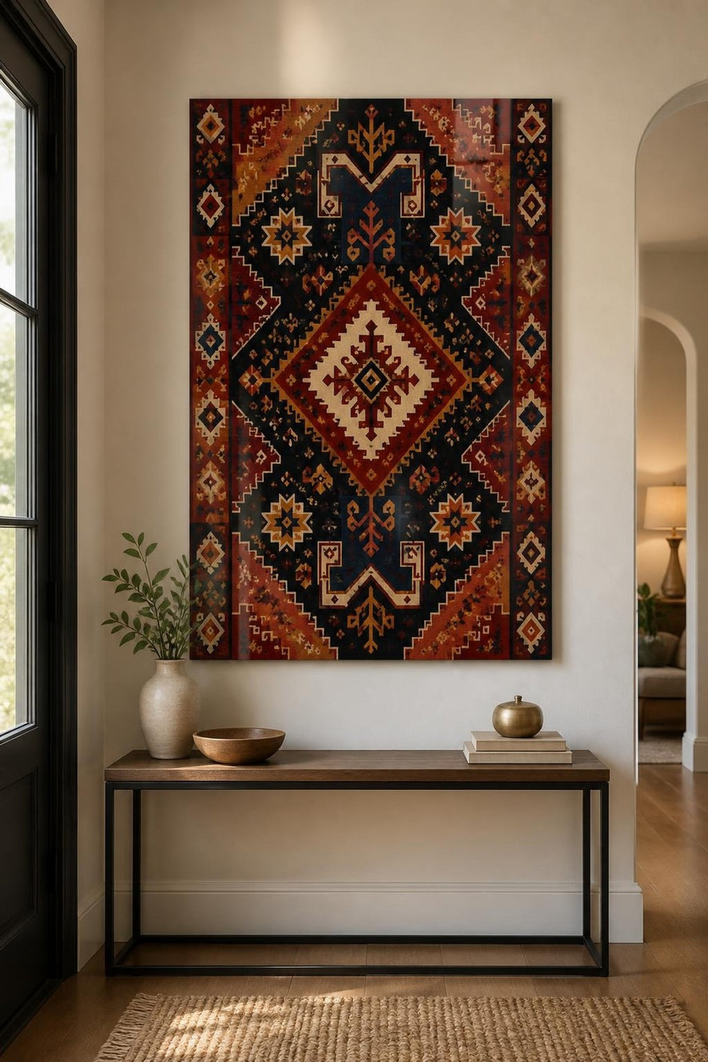 Anadolu Kilim Desenli Baskılı Cam Tablo – Geometrik Duvar Dekoru — görsel 3