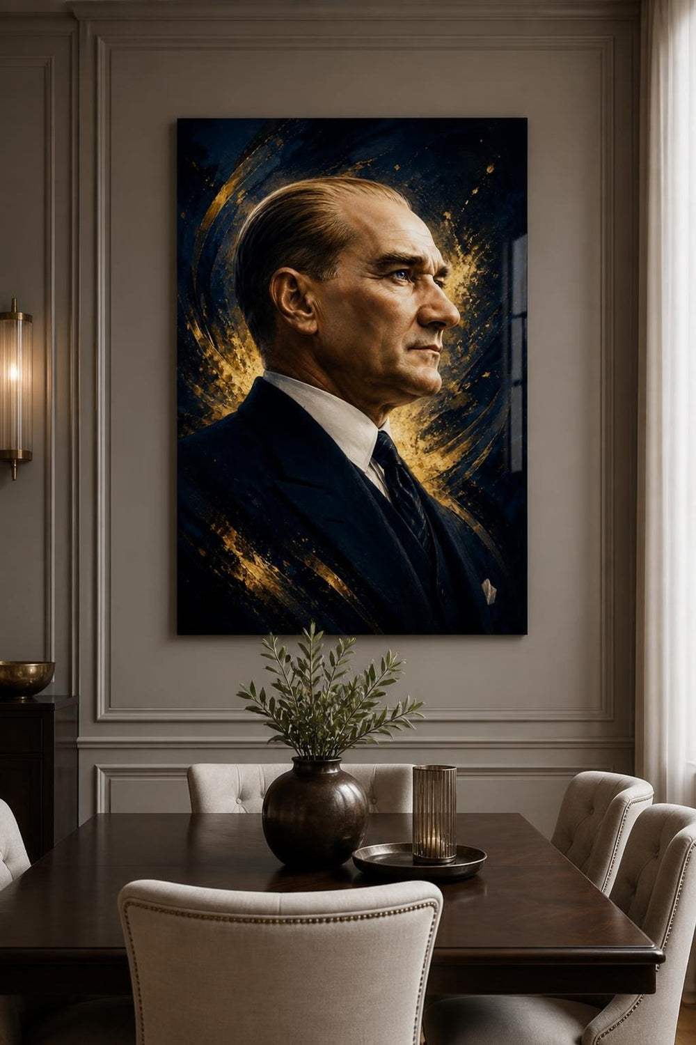 Mustafa Kemal Atatürk Baskılı Cam Tablo – Modern Altın Detaylı Duvar Dekoru — görsel 2