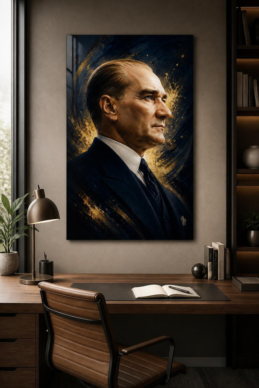 Mustafa Kemal Atatürk Baskılı Cam Tablo – Modern Altın Detaylı Duvar Dekoru — görsel 1