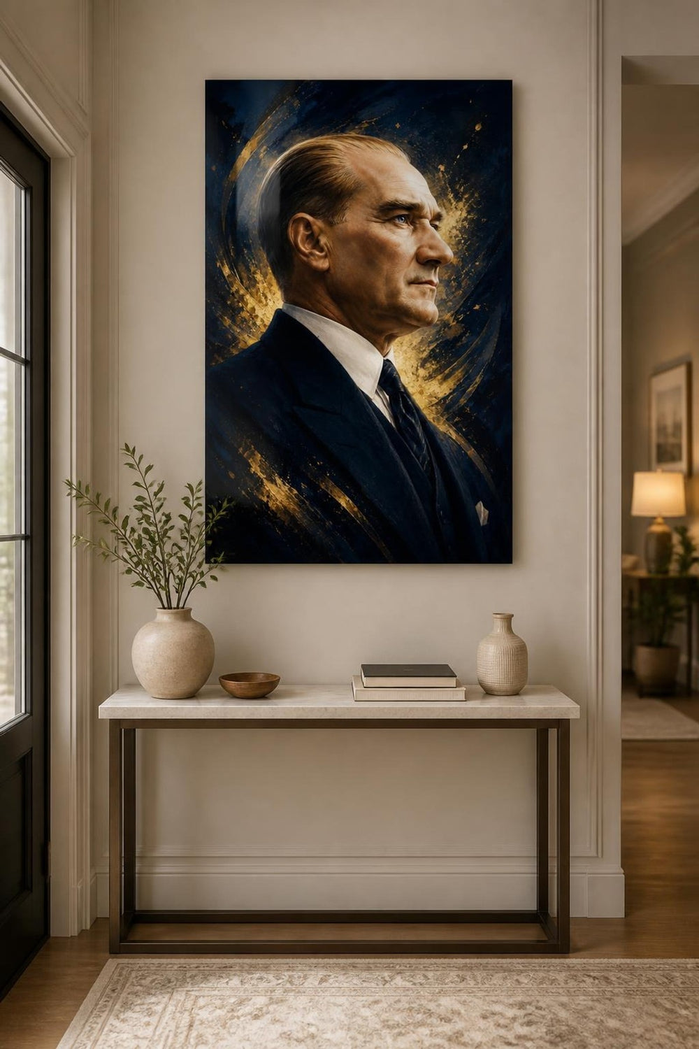 Mustafa Kemal Atatürk Baskılı Cam Tablo – Modern Altın Detaylı Duvar Dekoru — görsel 3