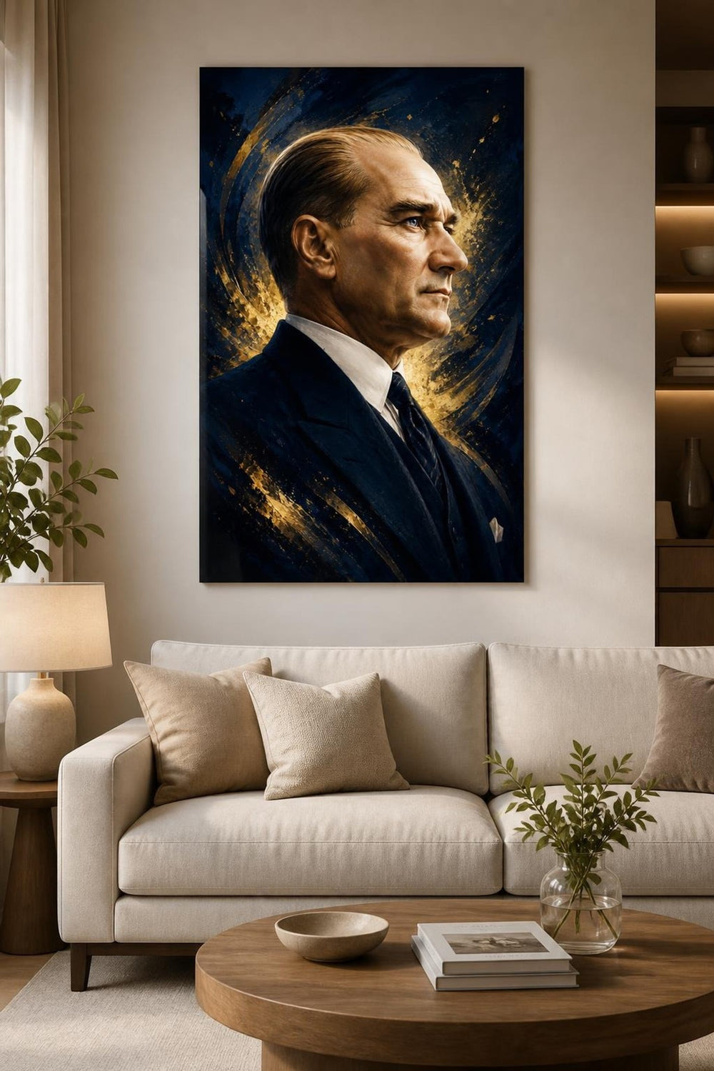 Mustafa Kemal Atatürk Baskılı Cam Tablo – Modern Altın Detaylı Duvar Dekoru — görsel 4
