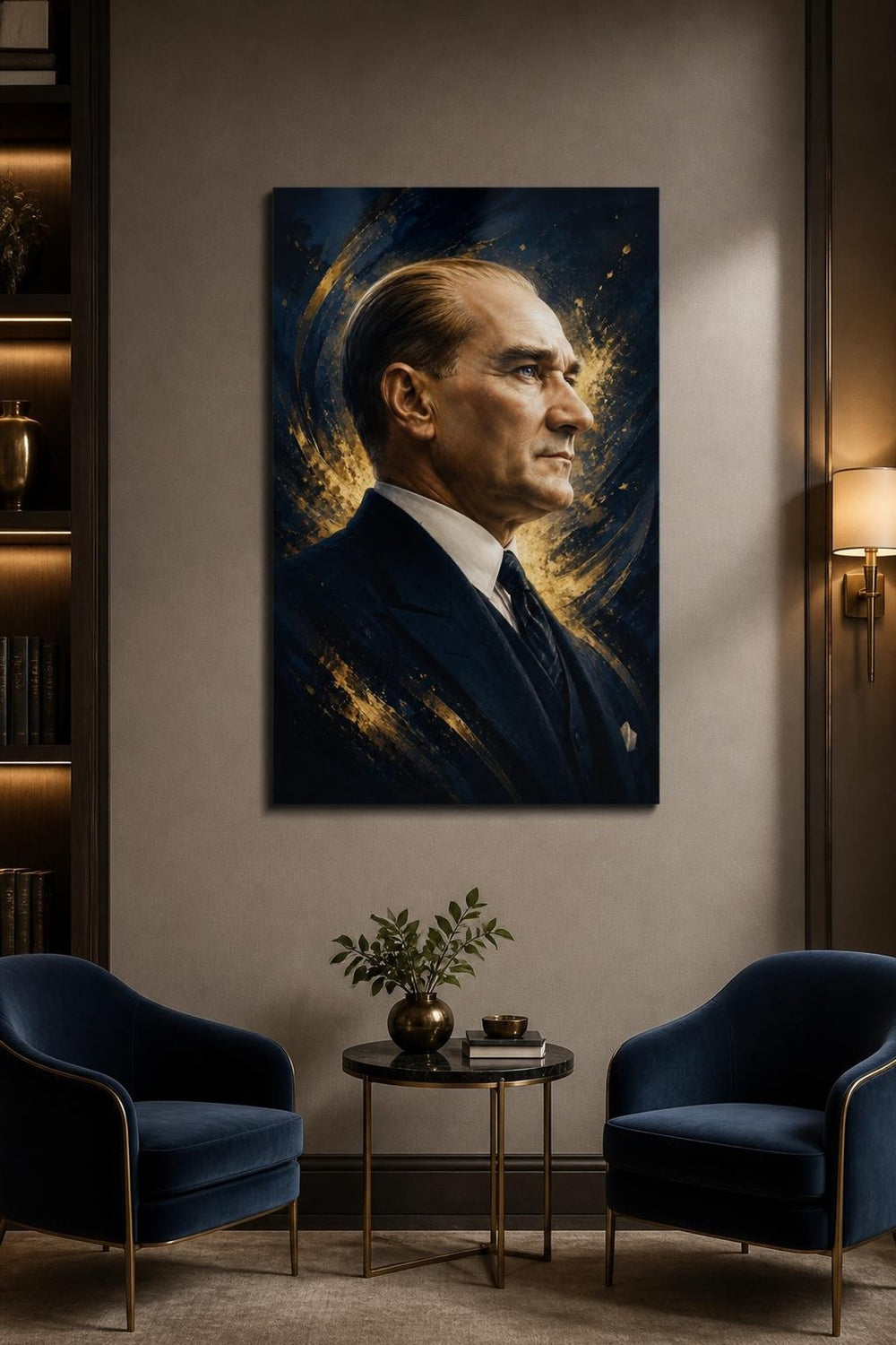Mustafa Kemal Atatürk Baskılı Cam Tablo – Modern Altın Detaylı Duvar Dekoru — görsel 5
