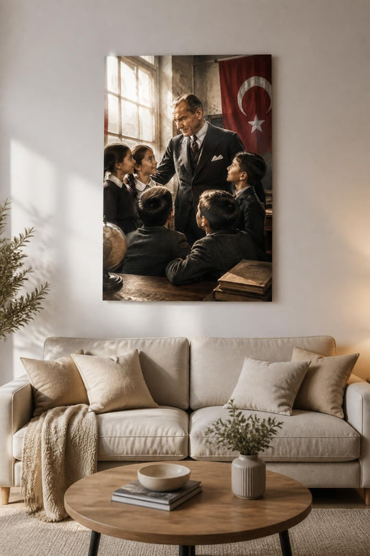 Atatürk ve Çocuklar Baskılı Cam Tablo – Tarihi Dekoratif Duvar Tablosu — görsel 1