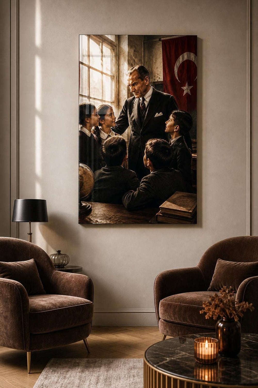Atatürk ve Çocuklar Baskılı Cam Tablo – Tarihi Dekoratif Duvar Tablosu — görsel 5