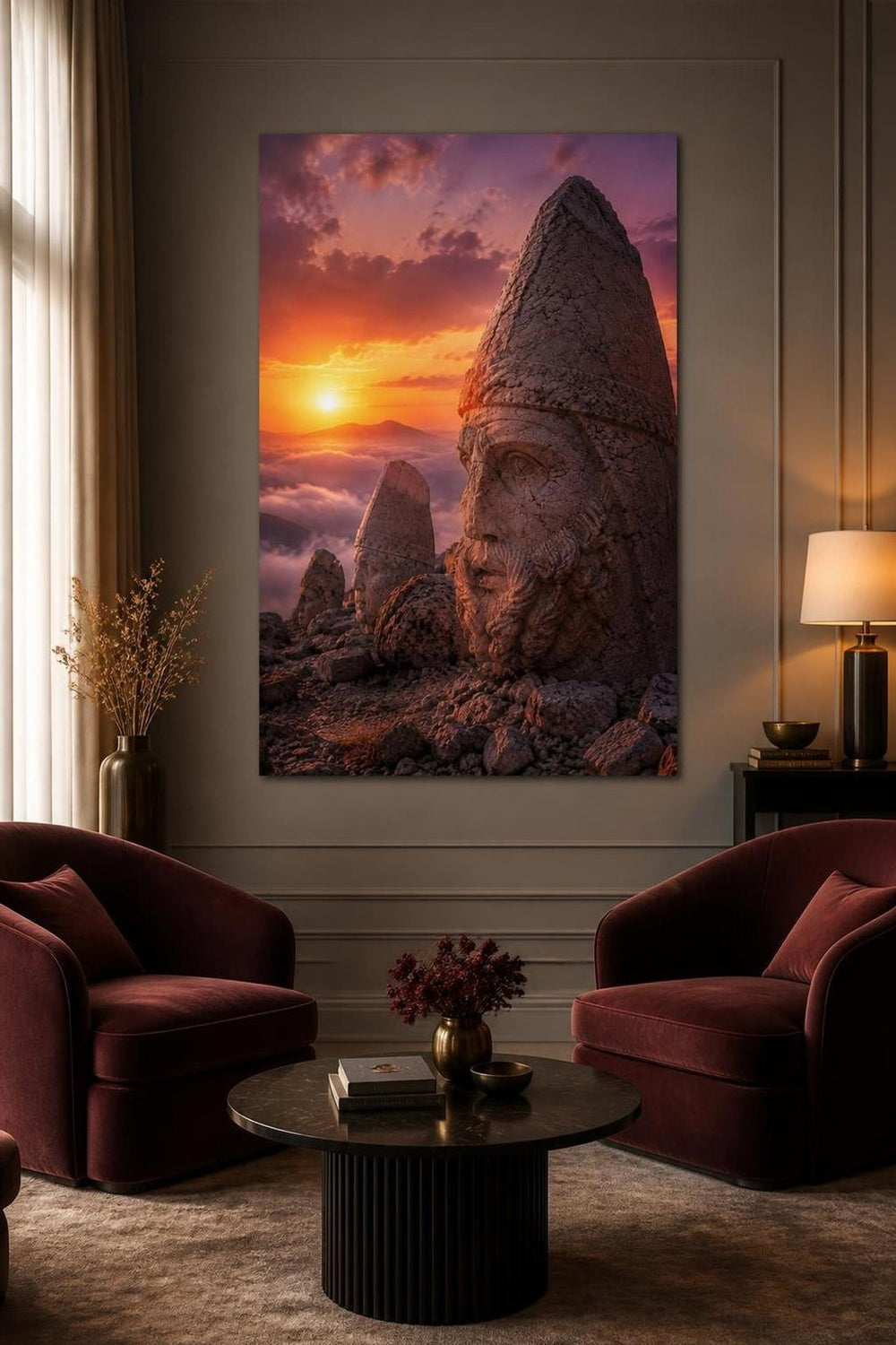 Nemrut Dağı Taş Heykelleri Baskılı Cam Tablo – Antik Doğa Manzarası Duvar Dekoru — görsel 5