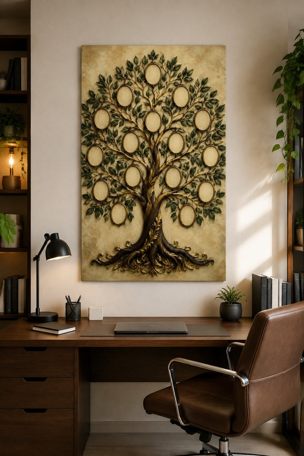 Aile Ağacı Desenli Baskılı Cam Tablo – Altın Detaylı Dekoratif Duvar Tablosu — görsel 3
