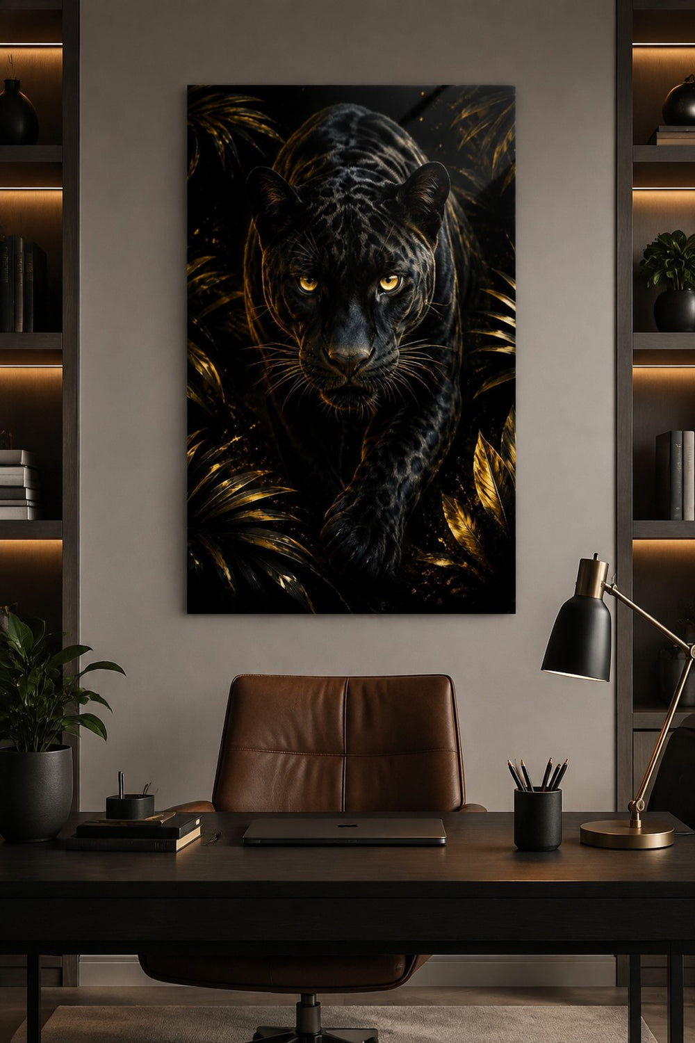 Siyah Panter Baskılı Cam Tablo – Altın Detaylı Modern Duvar Dekoru — görsel 3