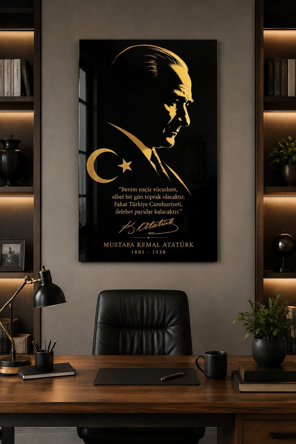 Atatürk Silüetli Baskılı Cam Tablo – Siyah Altın Dekoratif Duvar Tablosu — görsel 1