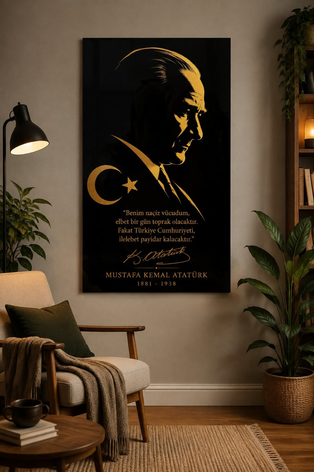 Atatürk Silüetli Baskılı Cam Tablo – Siyah Altın Dekoratif Duvar Tablosu — görsel 5