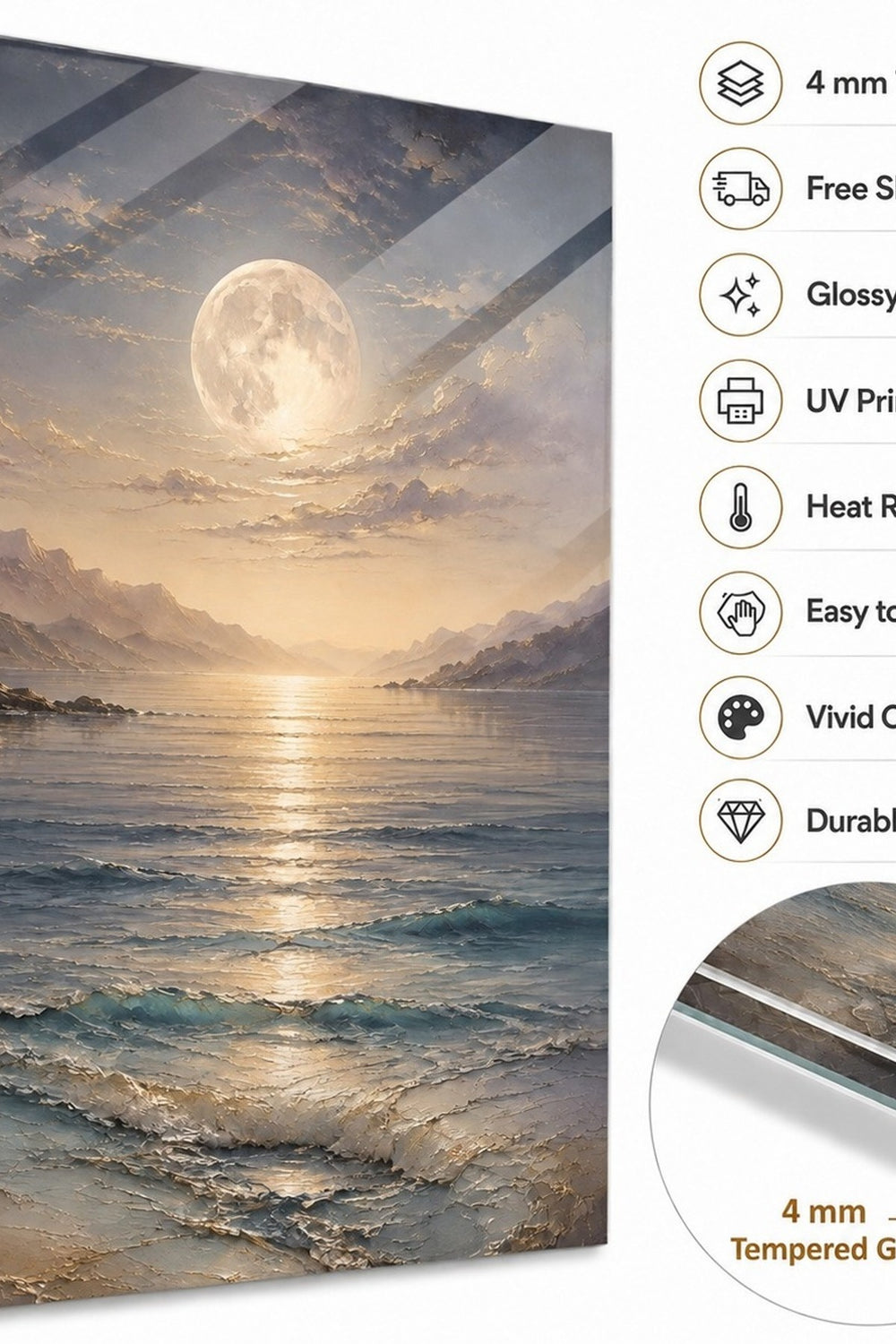 Dolunay Deniz Manzaralı Baskılı Cam Tablo – UV Baskı Dekoratif Duvar Tablosu — görsel 10